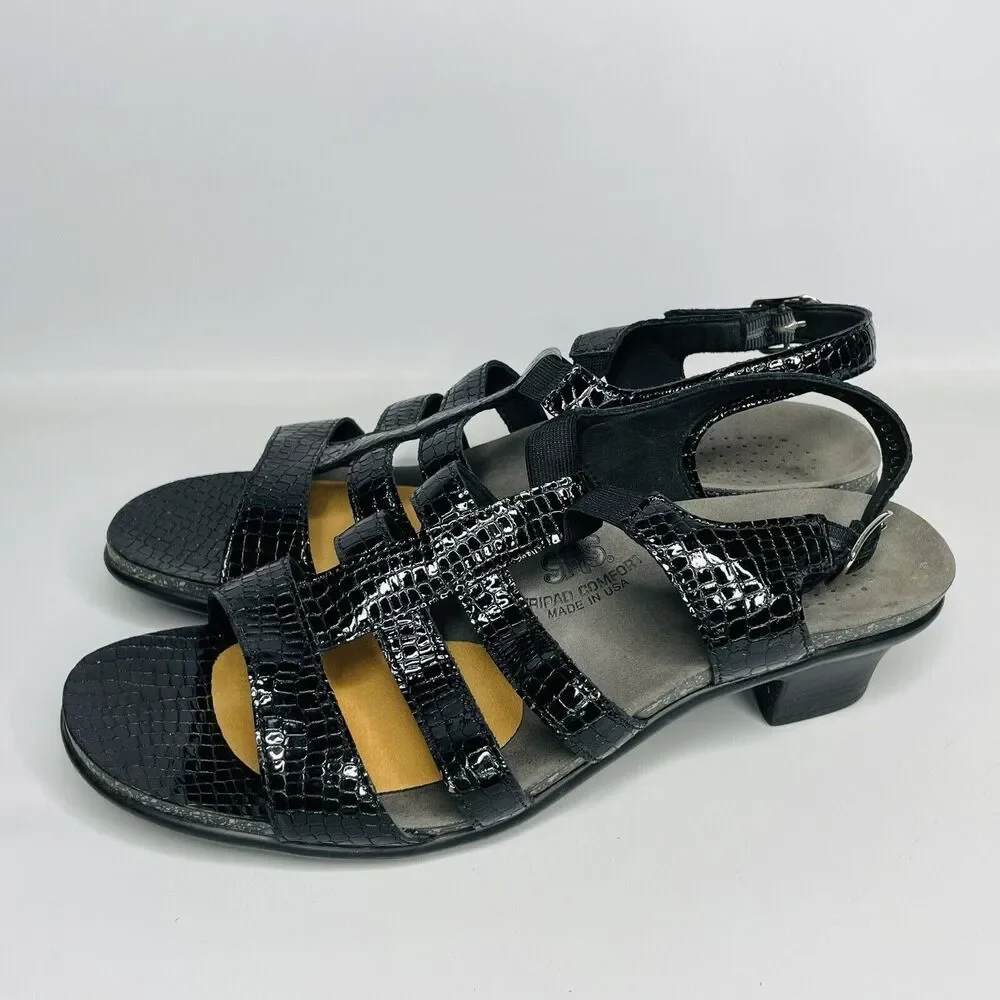 SAS Tripad Allegro Black Patent Leather Croc Snake‎ Print Heel Sandals Sz 10 N